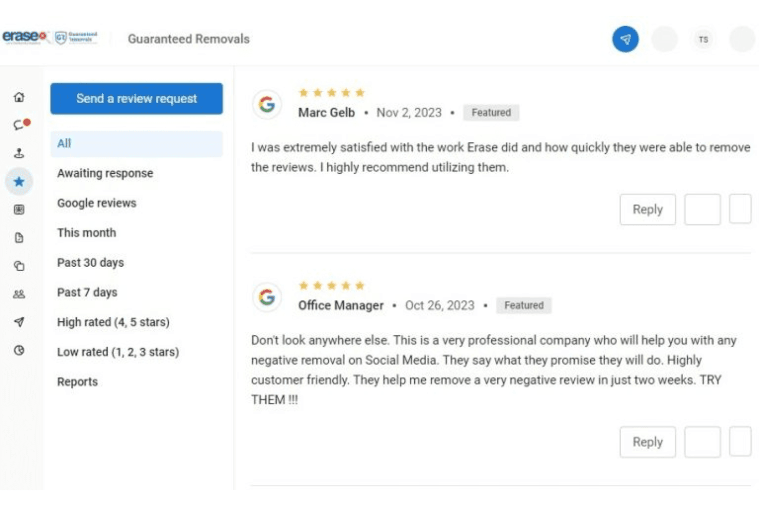 Erase.com
Dashboard zeigt hervorgehobene 5-Sterne-Google-Bewertungen und Optionen zum Filtern der Bewertungen