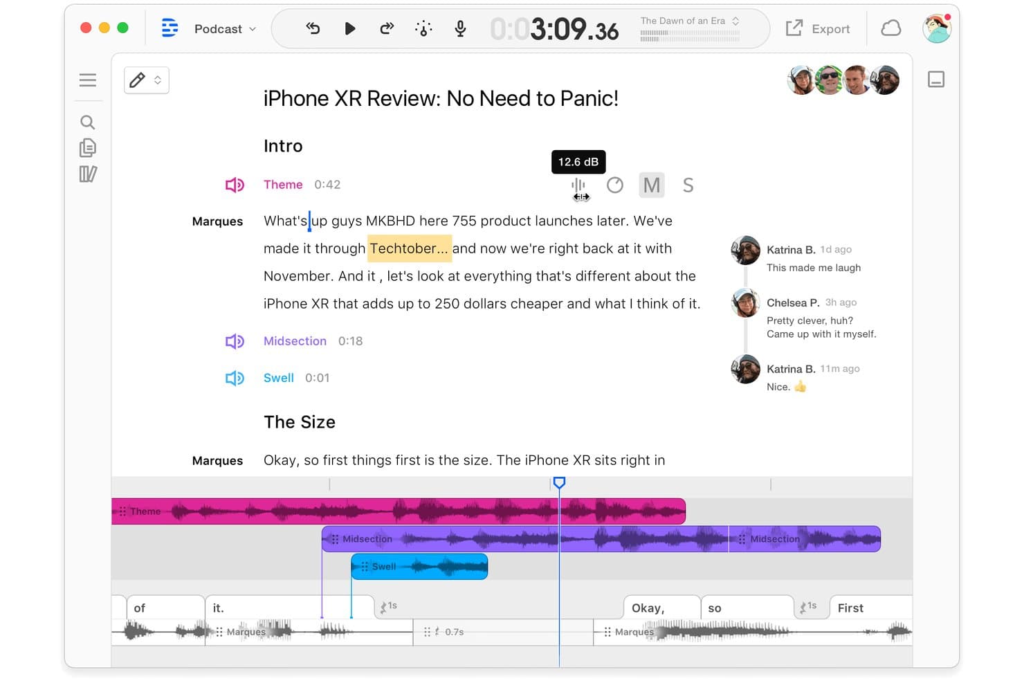 Editor di podcast di Descript che mostra lo script, forme d'onda su più tracce e pannello dei commenti del team