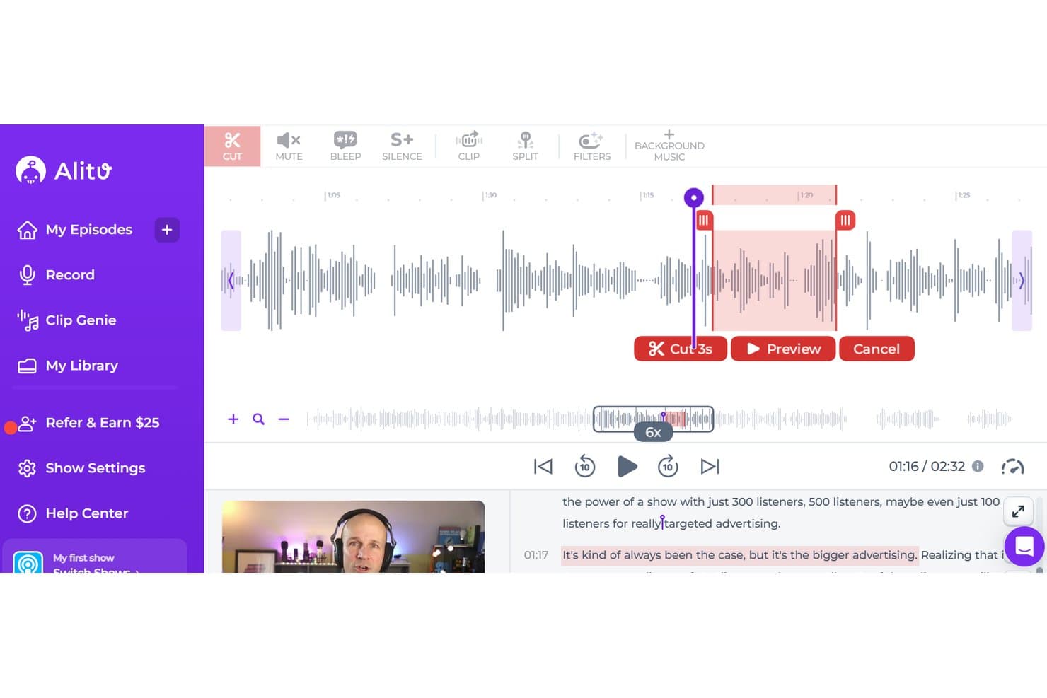 Alitus podcastredigerare visar en vågform med ett 3 sekunder långt klipp markerat och ett redigeringsverktygsfält.