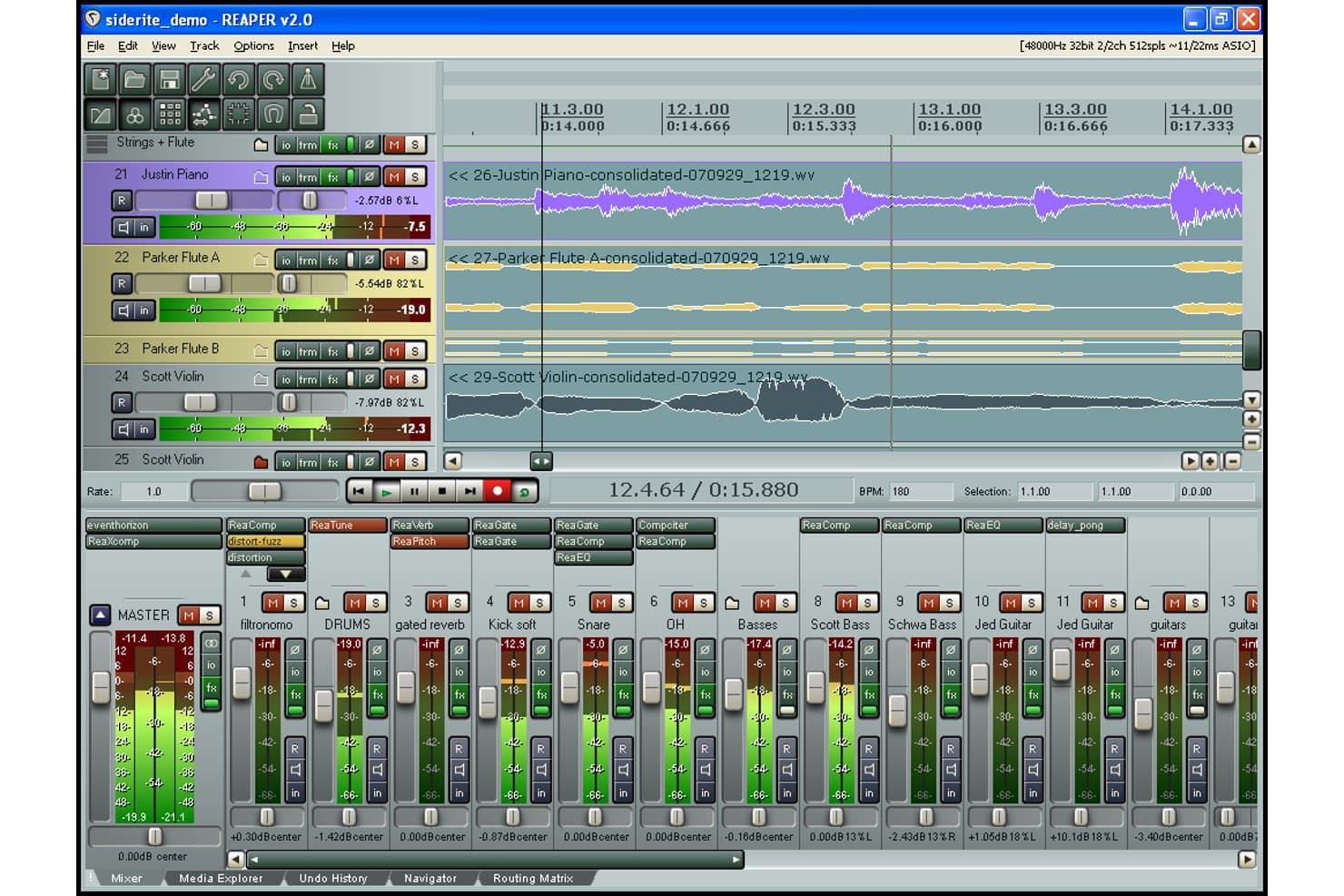 REAPER v2.0 digital ljudarbetsstation som visar en flerspårstidslinje och mixerpanel.