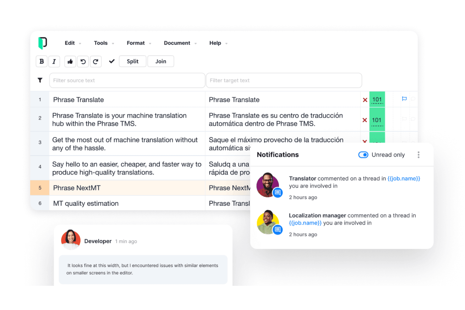 Editor de traducción de Phrase TMS que muestra segmentos de origen y destino, puntuaciones de coincidencia y panel de notificaciones