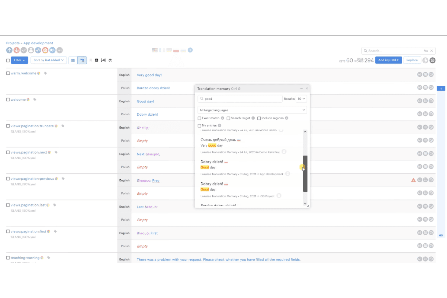 Lokalise translation editor showing Translation Memory search results for the word 'good' in Polish.