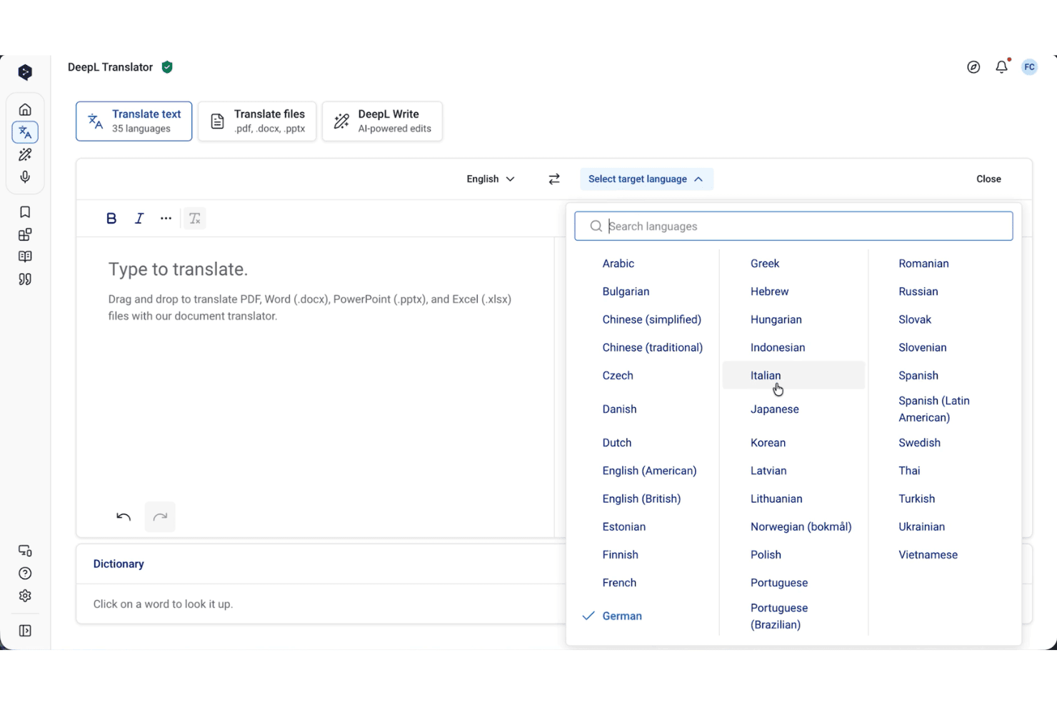 DeepL Translator-gränssnitt som visar en rullgardinsmeny för målspråk med 35 språkalternativ.
