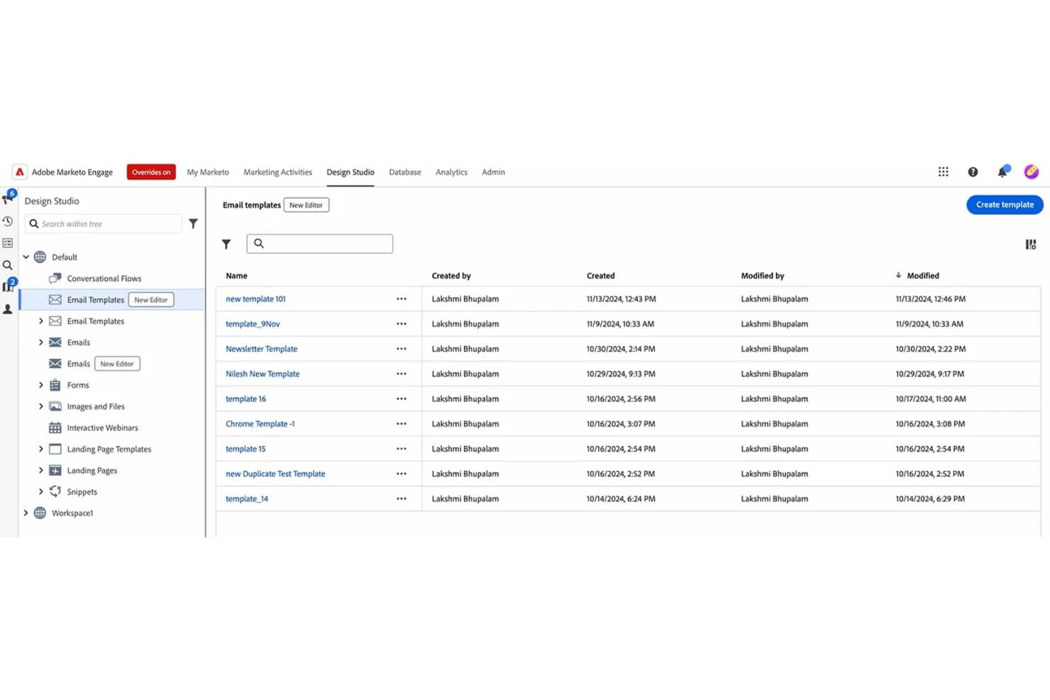 Adobe Marketo Engage Design Studio showing a list of email templates with creation and modification dates.