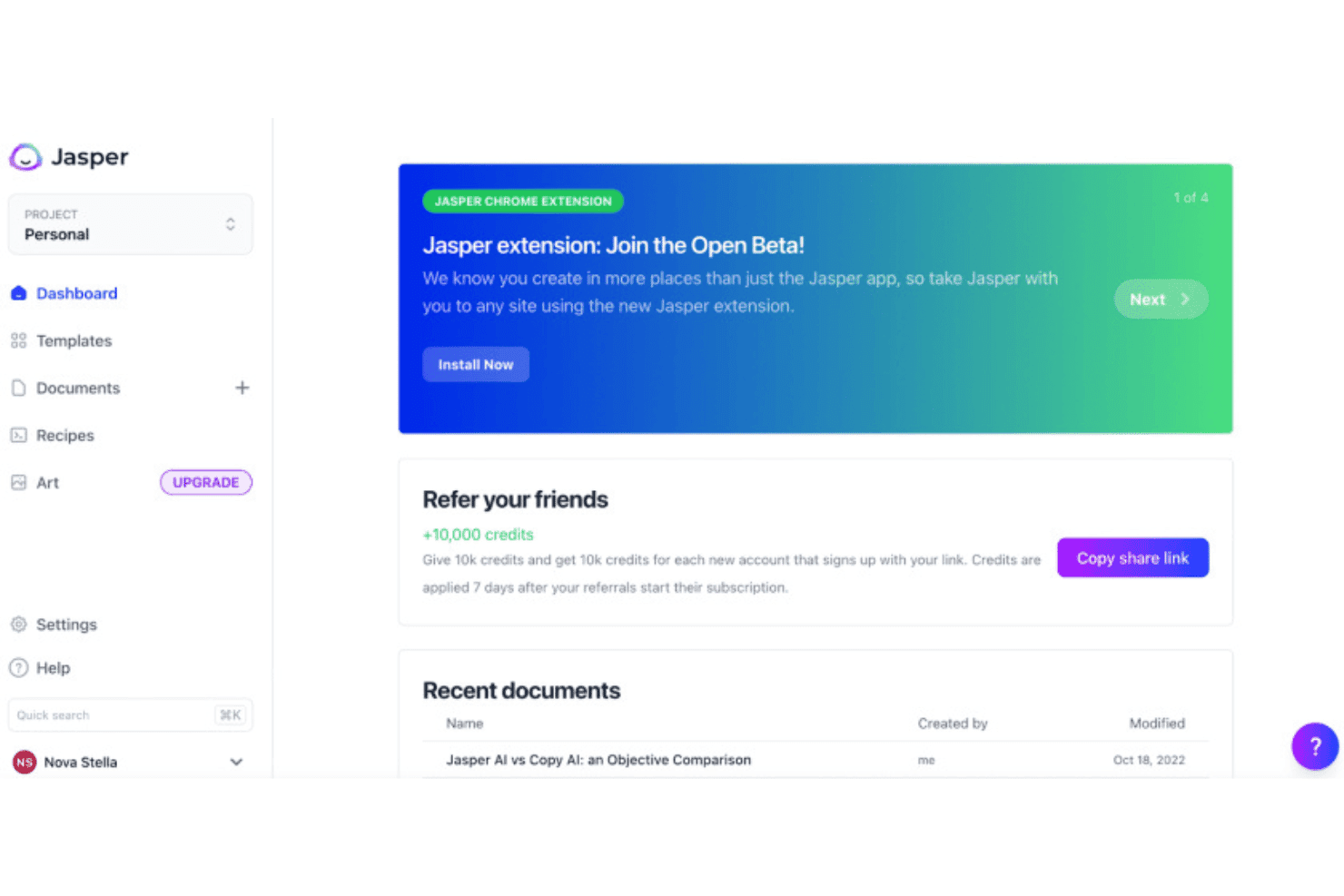 Jasper AI dashboard showing navigation menu, Chrome extension banner, and referral program section.