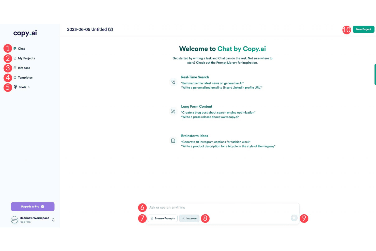 Copy.ai chat interface showing prompt categories and an ask or search anything input field.