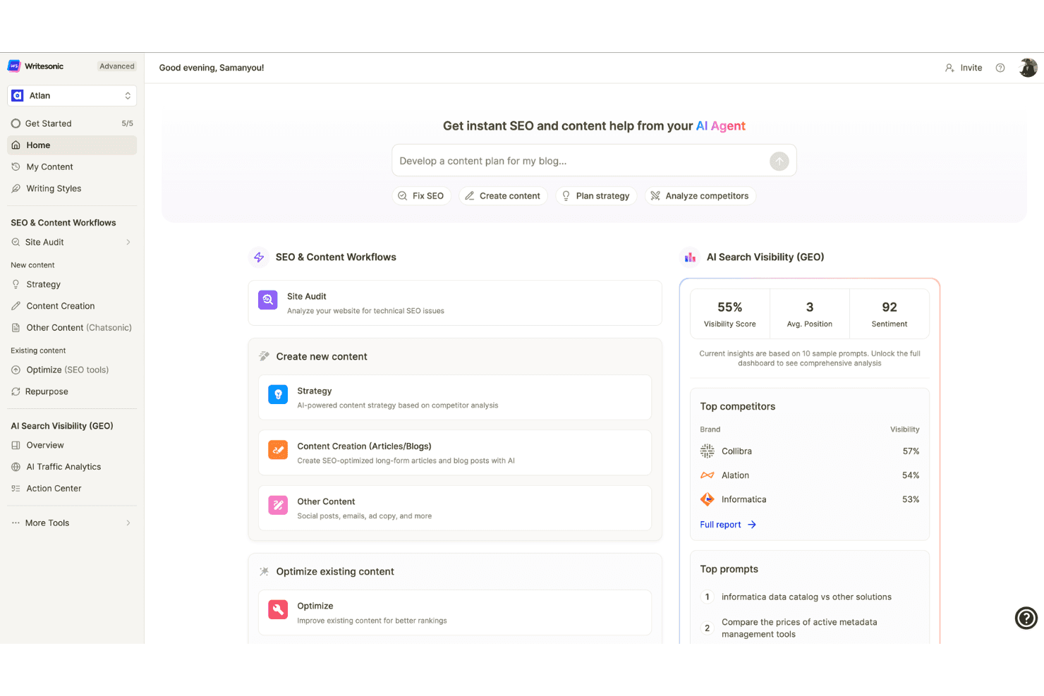 Writesonic dashboard showing SEO workflows, AI search visibility score, and top competitors.