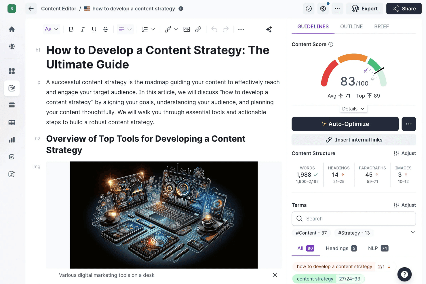 Content editor interface showing a score of 83/100, keyword terms, and structure metrics panel.