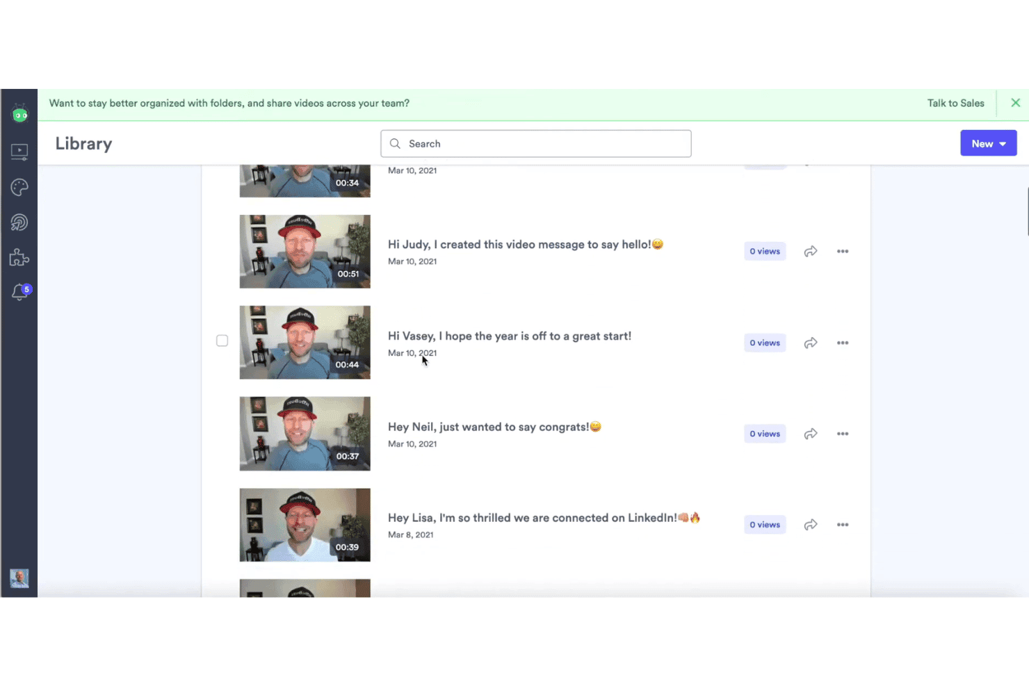 Vidyardin kirjasto, jossa näkyy personoituja videoviestejä pikkukuvineen, otsikoineen, päivämäärineen ja katselukertoineen.
