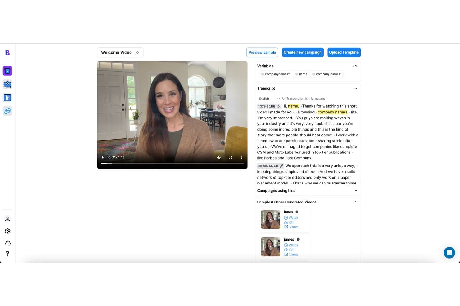 BHuman-editor til skabeloner til velkomstvideoer, der viser en transskription med variabler for personaliseret navn og virksomhedsnavn