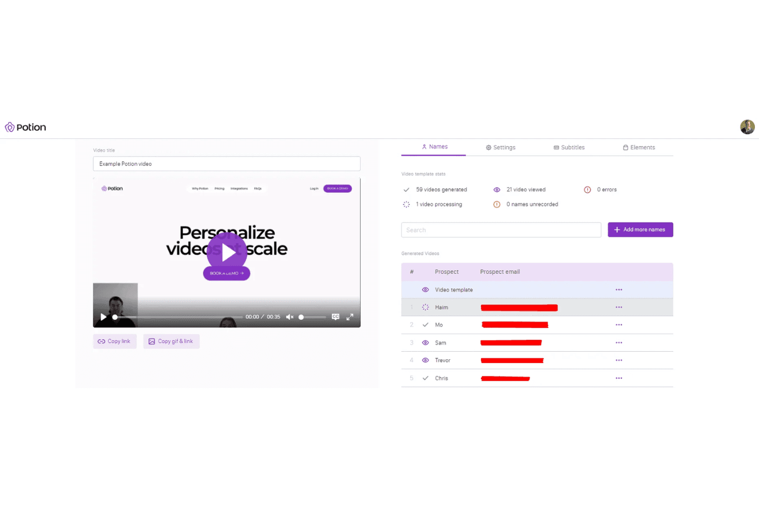 Potionin koontinäyttö, jossa näkyy henkilökohtainen videomalli sekä potentiaalisten asiakkaiden luettelo ja videotilastot.