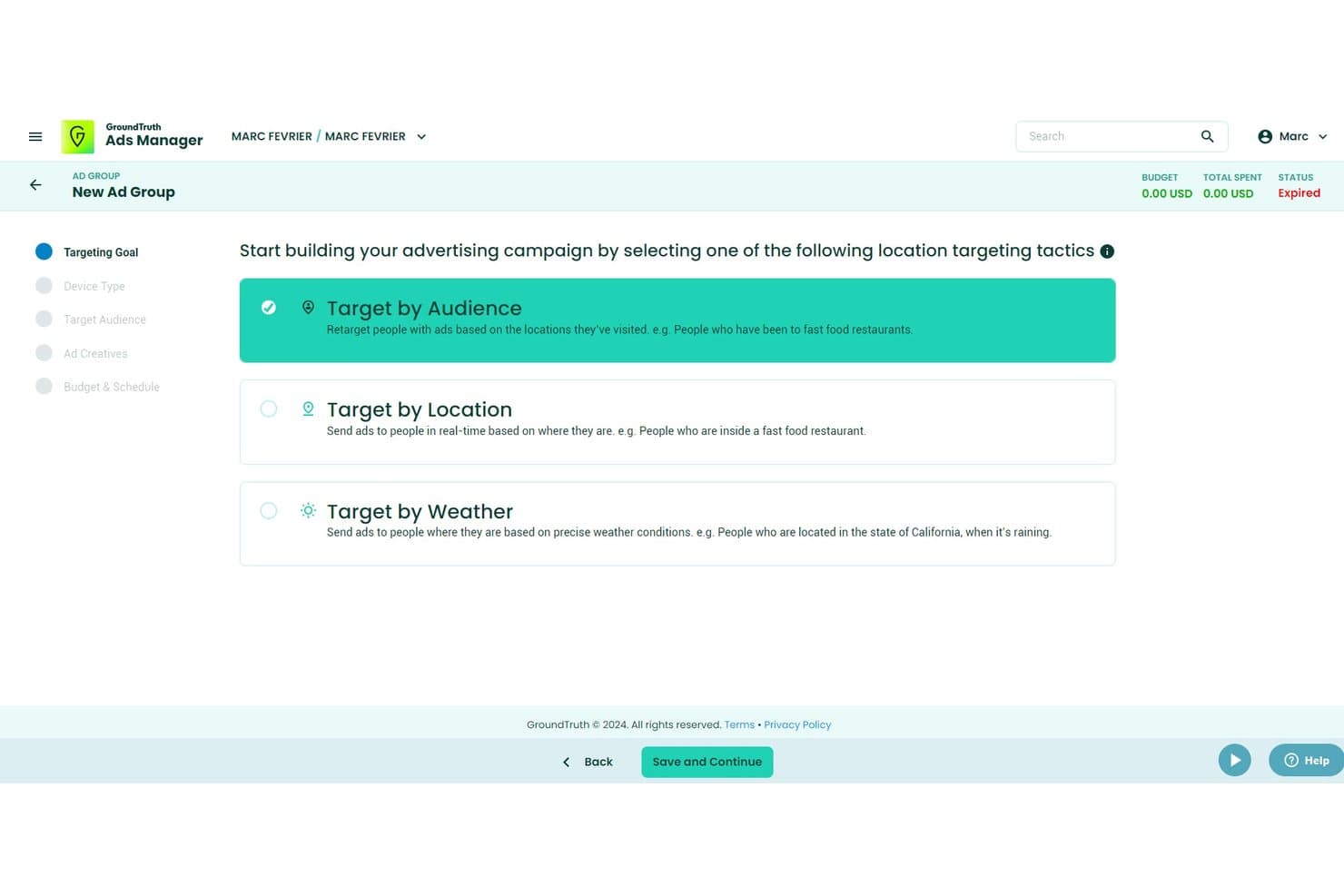 GroundTruth Ads Manager visar tre alternativ för platsinriktning: målgrupp, plats och väder.