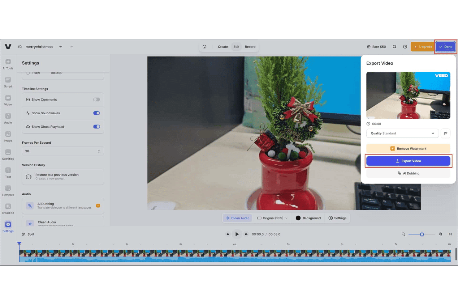 VEED video editor showing Export Video panel with quality and watermark options.