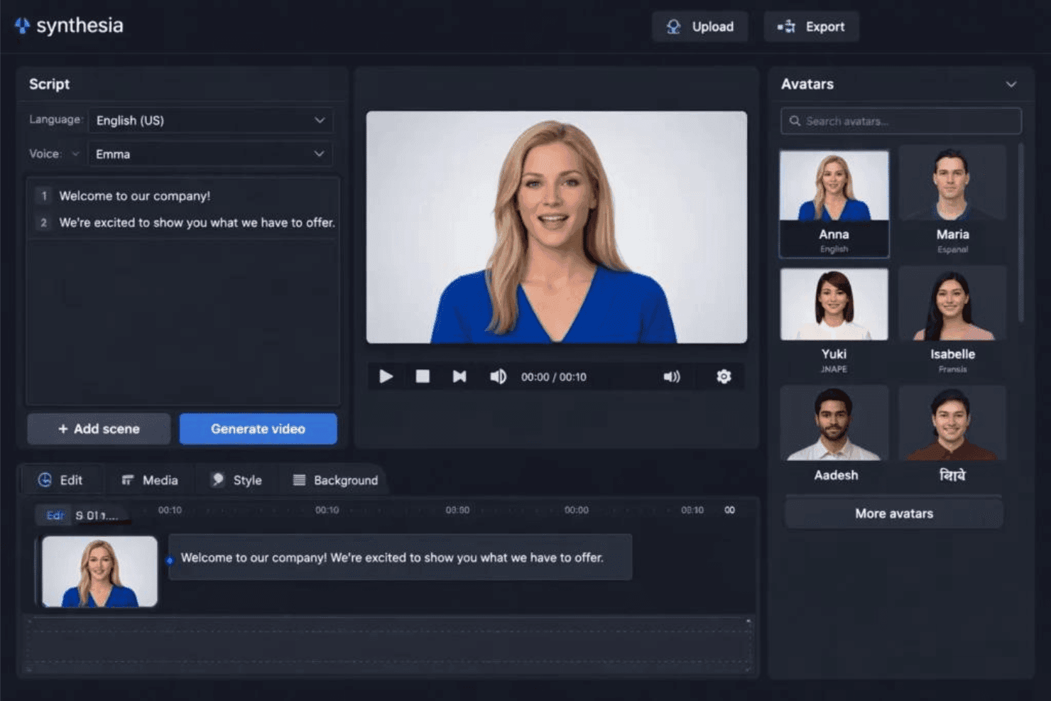 Synthesia AI video editor interface with avatar selection, script panel, and video preview.