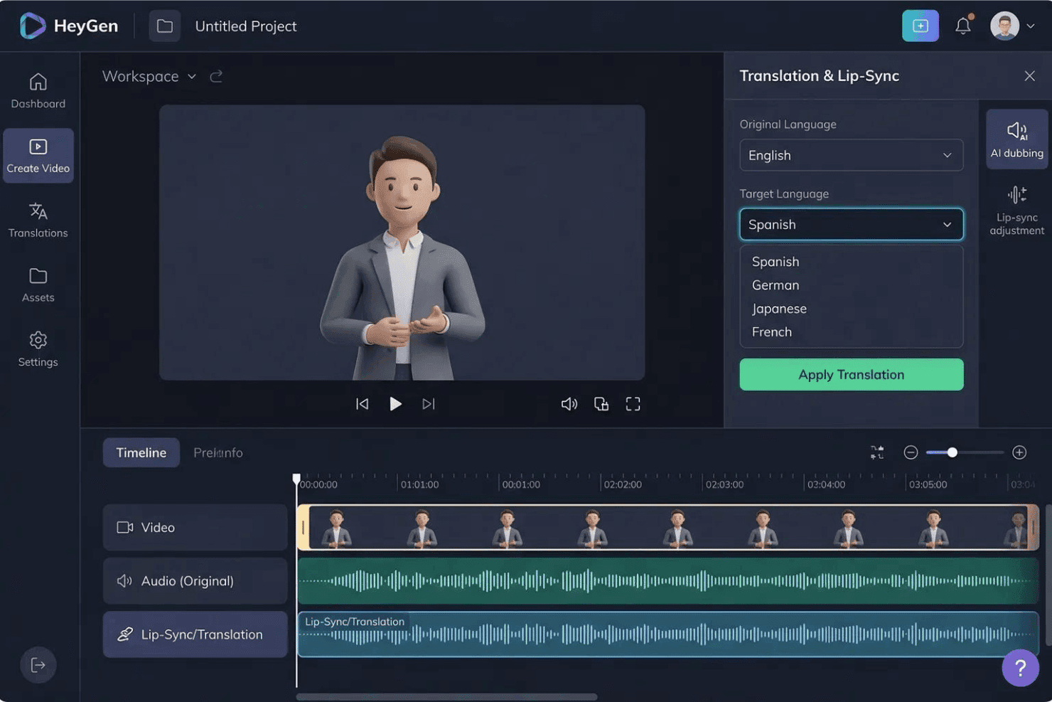 HeyGen video editor showing Translation & Lip-Sync panel with Spanish language dropdown open.