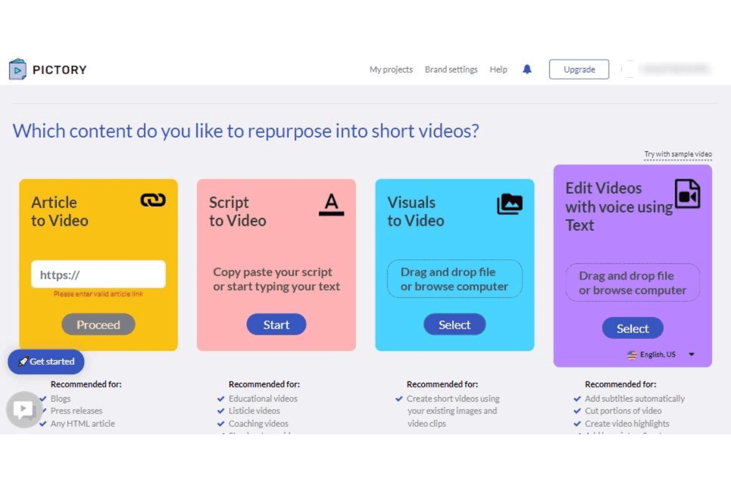 Pictory dashboard showing four video creation options with input fields and buttons.
