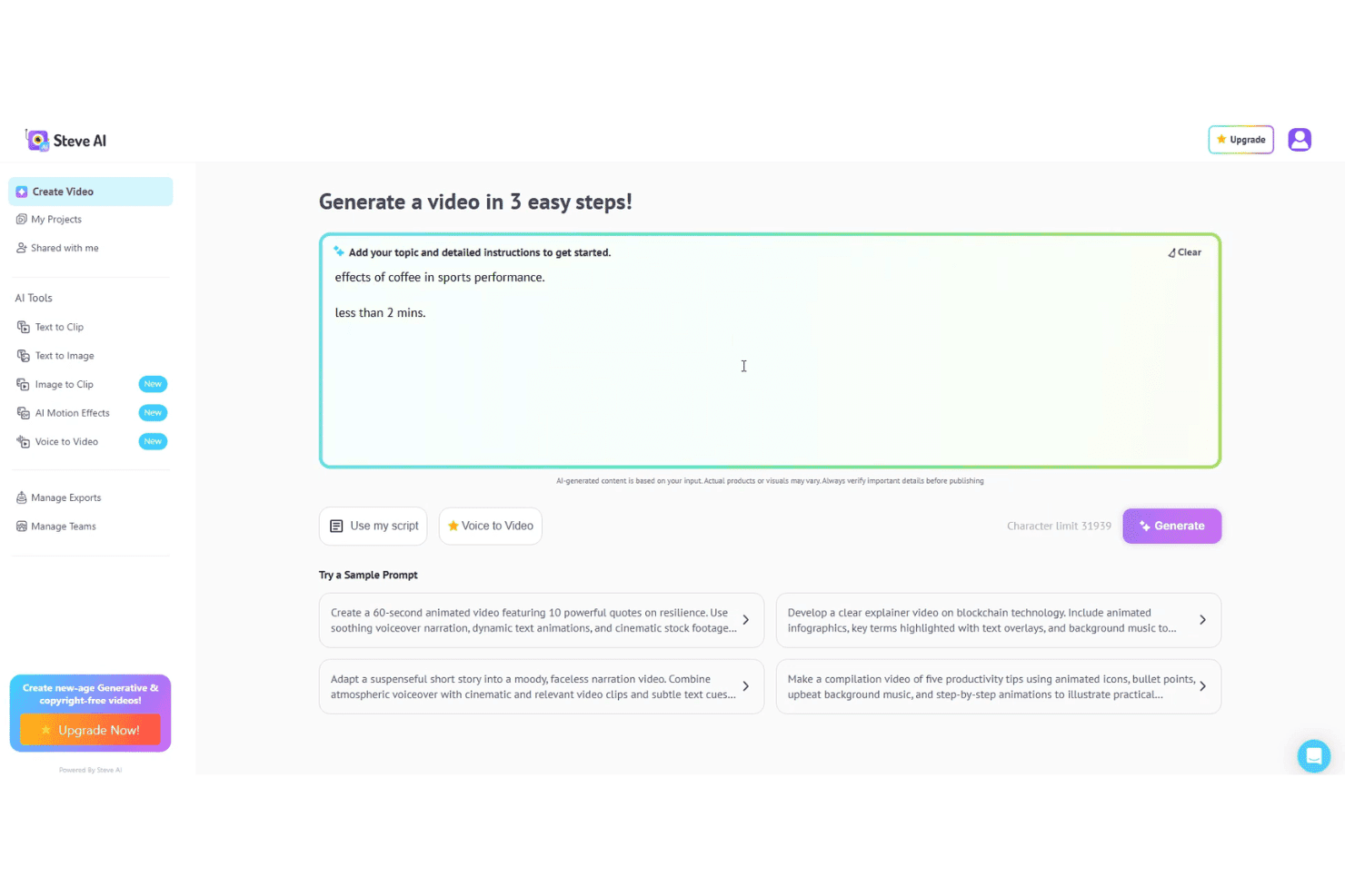 Steve AI script-to-video generation workspace