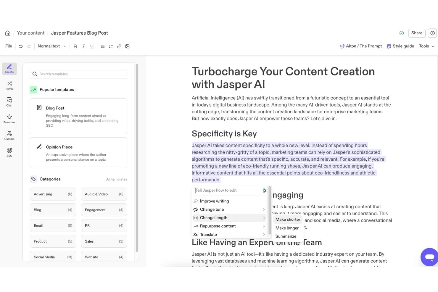 Jasper AI document editor showing inline editing menu with writing improvement options on selected text.