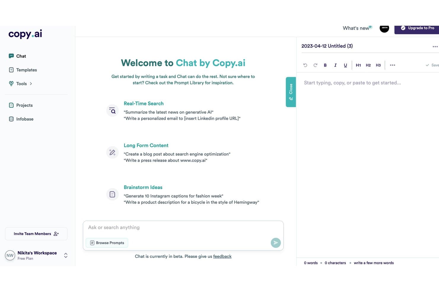 Copy.ai chat interface showing writing prompt categories and a document editor panel.