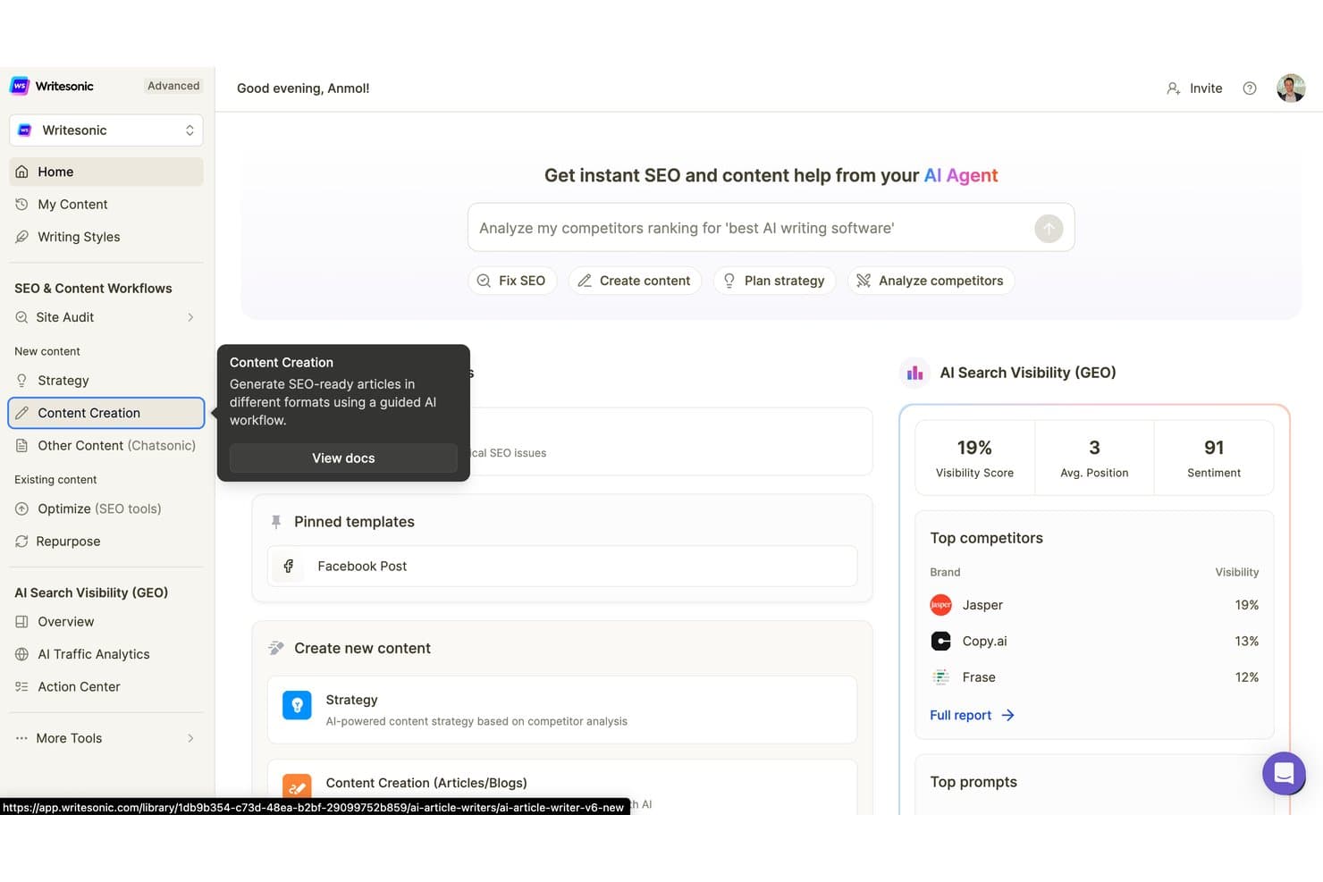 Writesonic dashboard showing AI content creation tools, SEO visibility score, and competitor analysis panel.