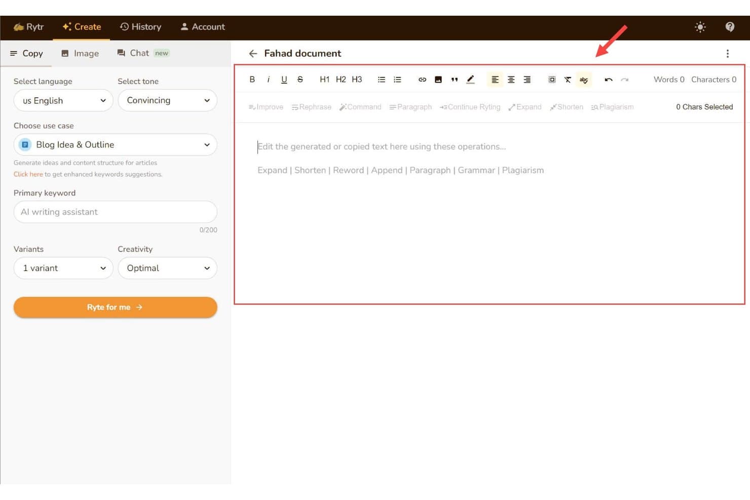 Rytr AI writing interface showing document editor with formatting toolbar and Blog Idea Outline settings panel.