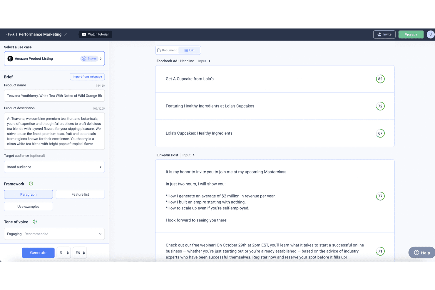 Anyword performance marketing dashboard showing AI-generated Facebook ad headlines and LinkedIn posts with scores.