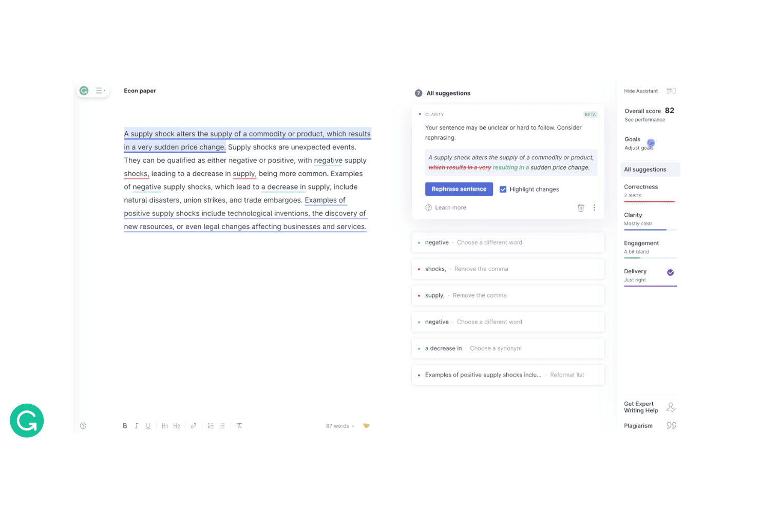 Grammarly-redigerare som visar en panel med skrivförslag och ett totalresultat på 82 för en uppsats i nationalekonomi.