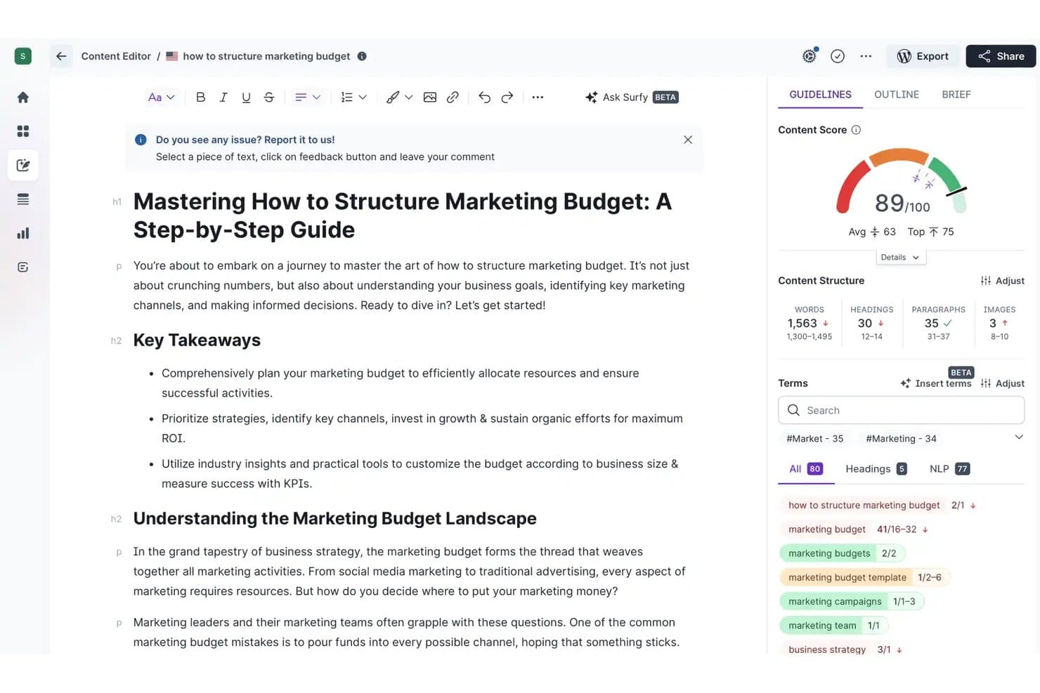 Surfer SEO:s innehållsredigerare visar en poängsatt artikel med en panel för SEO-termer och mätvärden för innehållsstruktur.