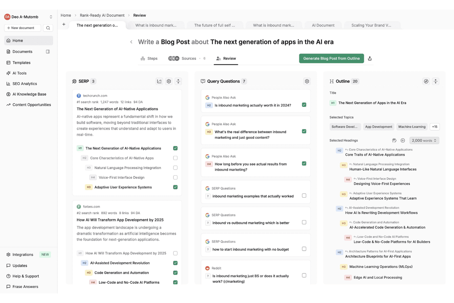 Frases gränssnitt som visar SERP-resultat, sökfrågor och en översikt över ett blogginlägg om AI-appar.