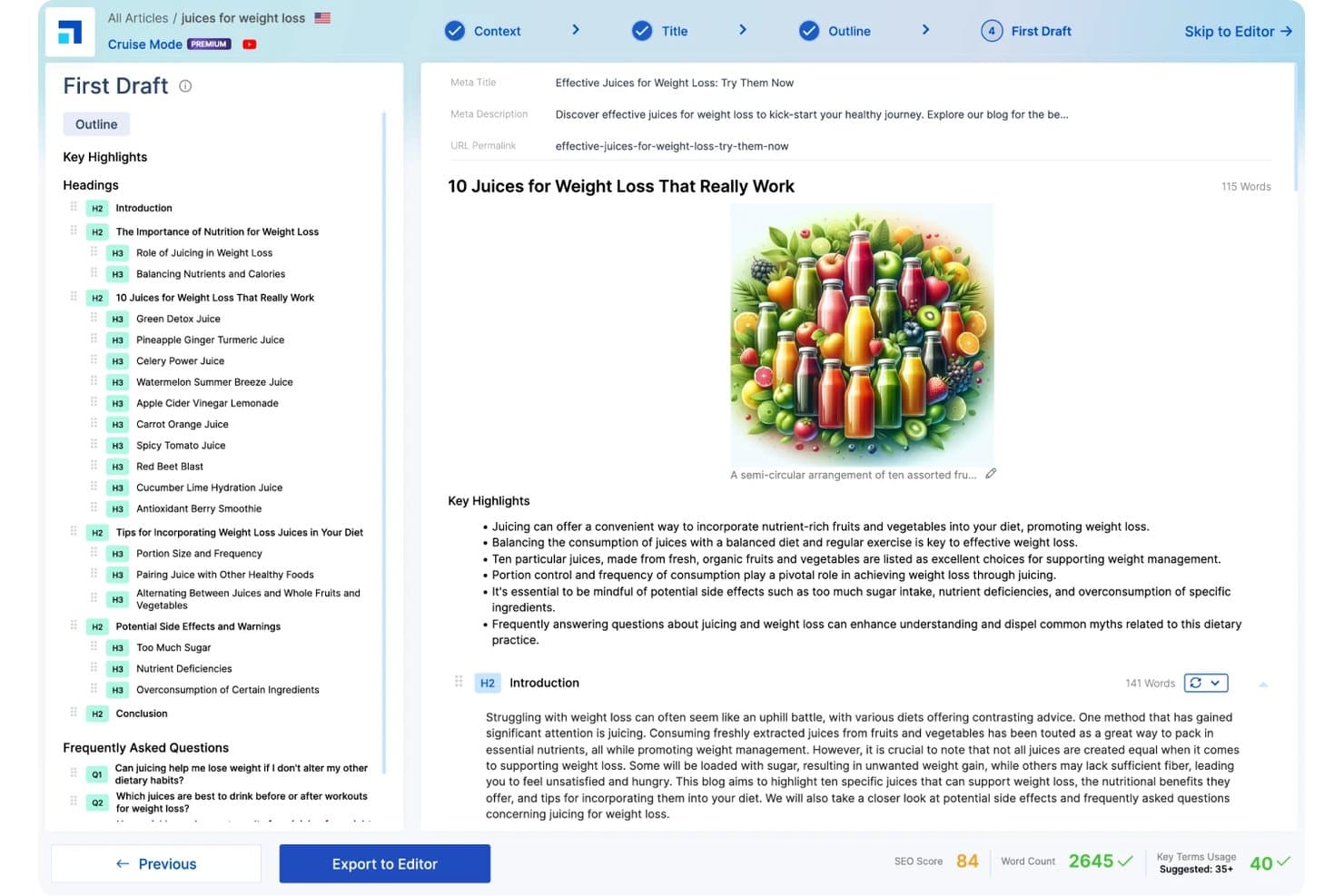 Scalenuts AI-skrivassistent som visar redigeraren för det första utkastet med SEO-poängen 84 och ett ordantal på 2645.