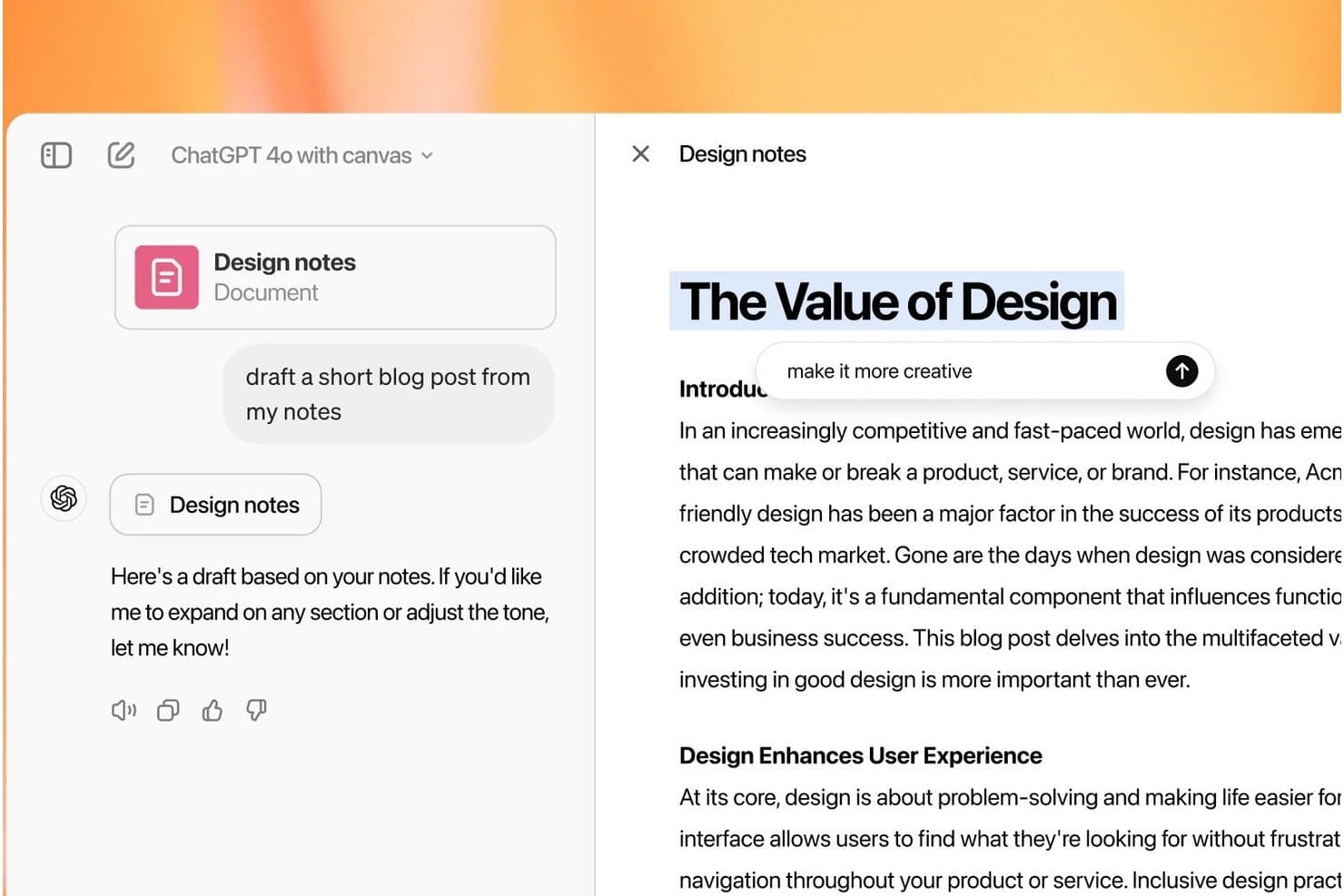 ChatGPTs arbetsytegränssnitt visar ett blogginläggsutkast med titeln Värdet av design och en infogad redigeringsinstruktion.