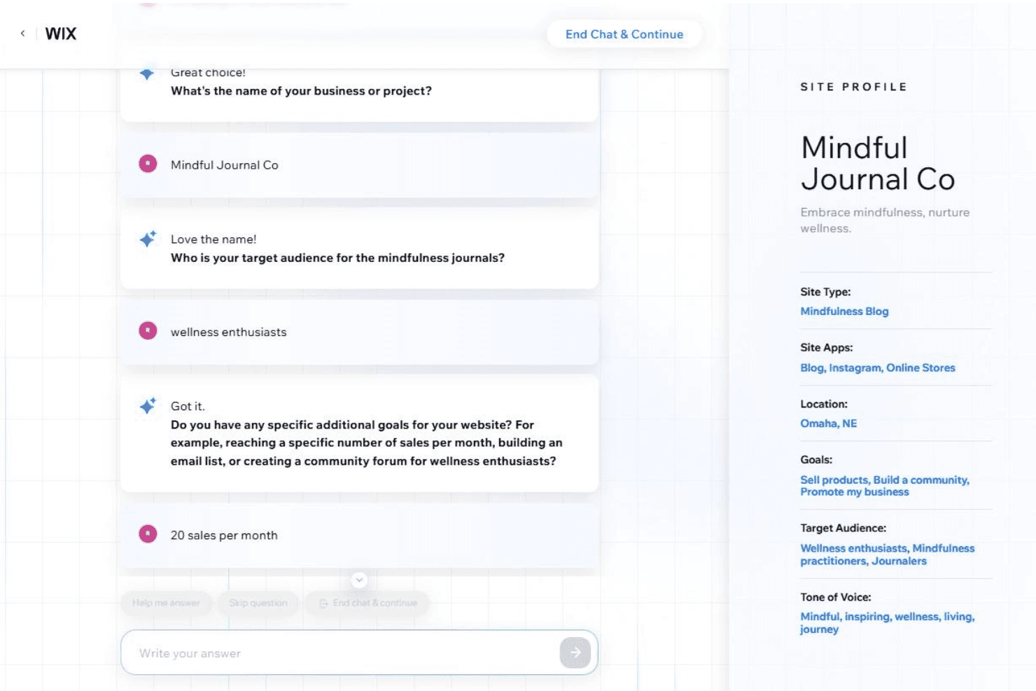 Wix AI chat setup collecting business name, audience, and goals for Mindful Journal Co website.