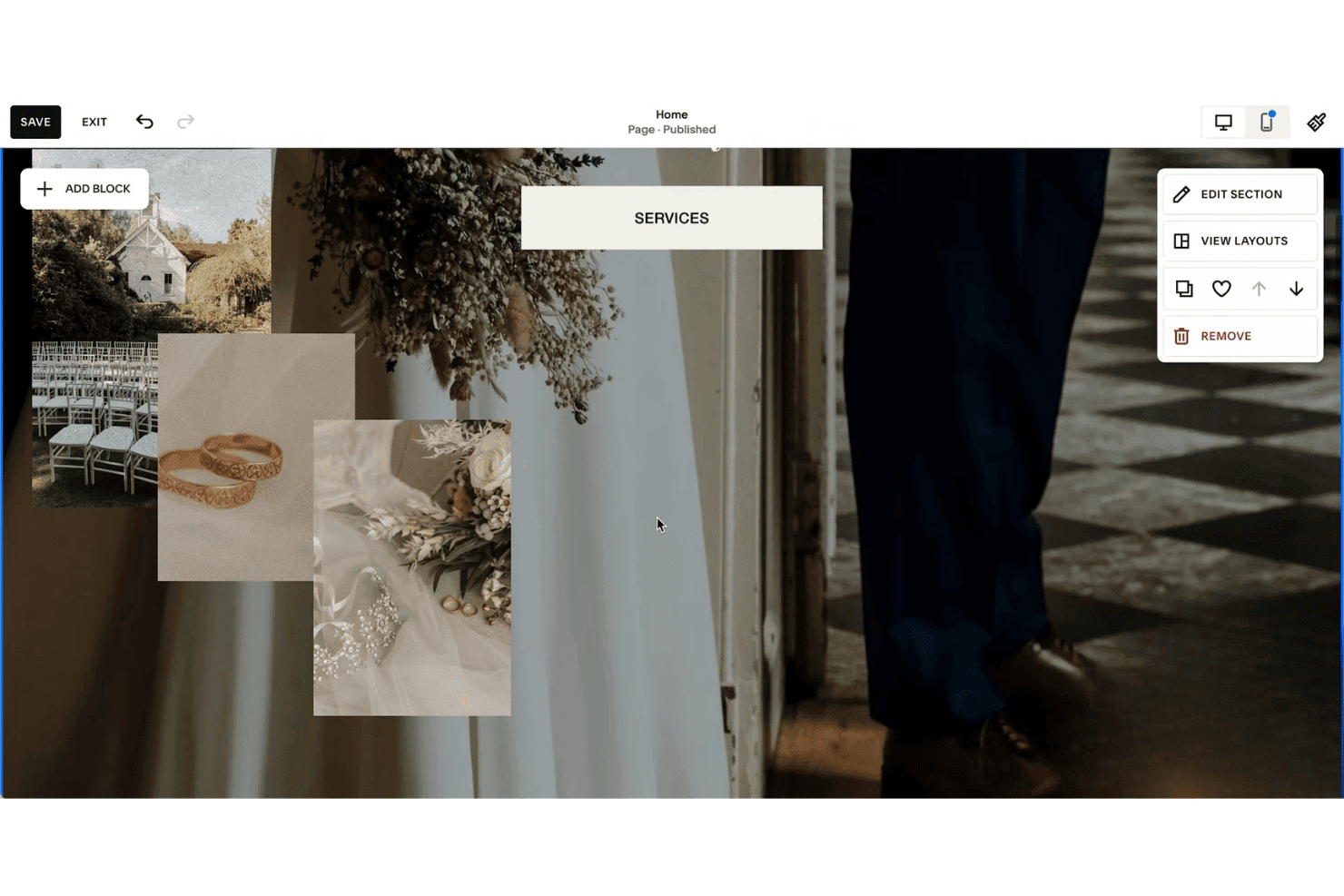 Squarespace website editor showing a Services section with wedding photos and edit panel
