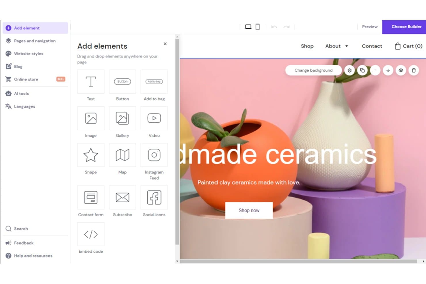 Hostinger Website Builder editor showing Add Elements panel with drag-and-drop options over a ceramics store page.
