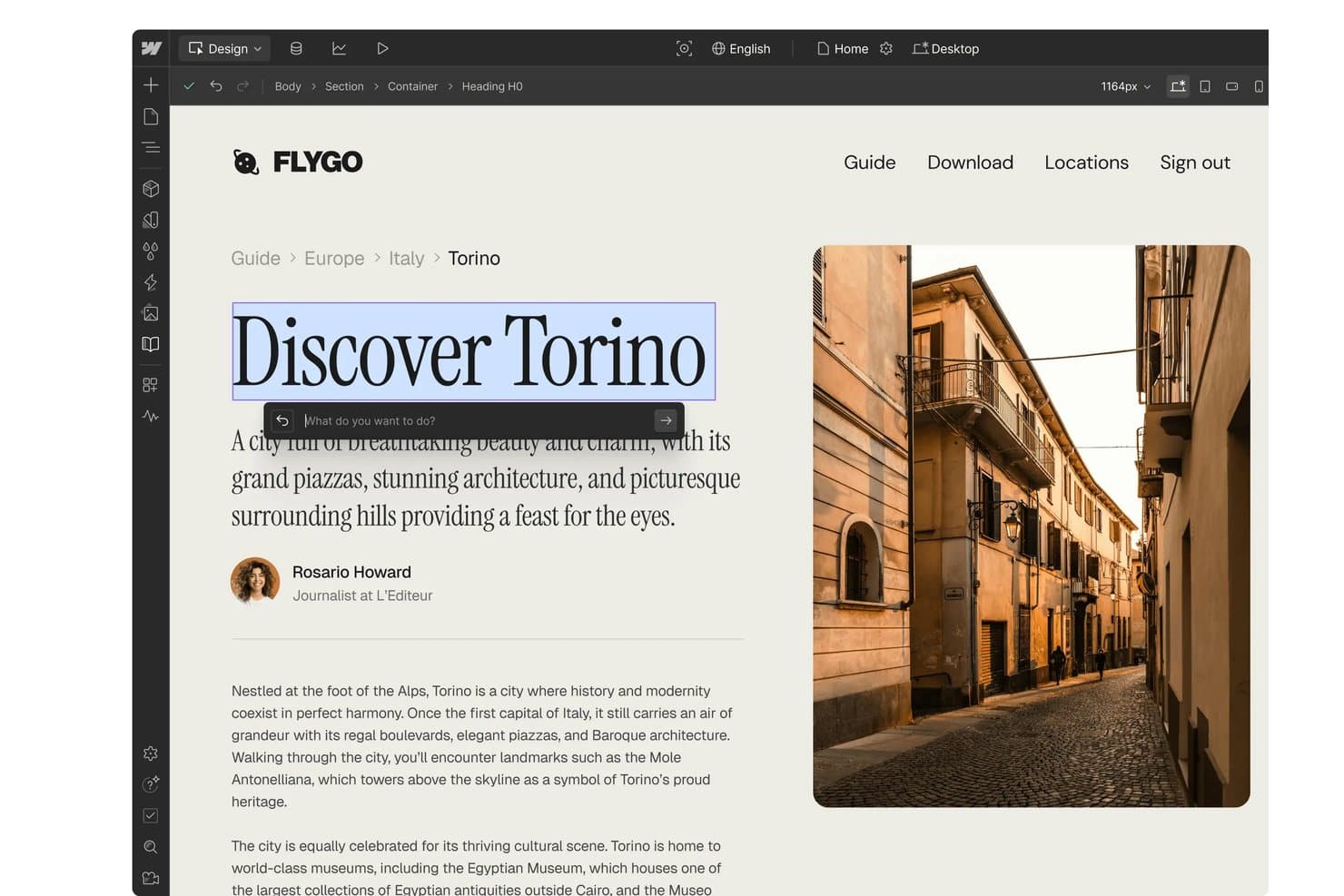 Webflow editor showing 'Discover Torino' heading selected with AI prompt input field