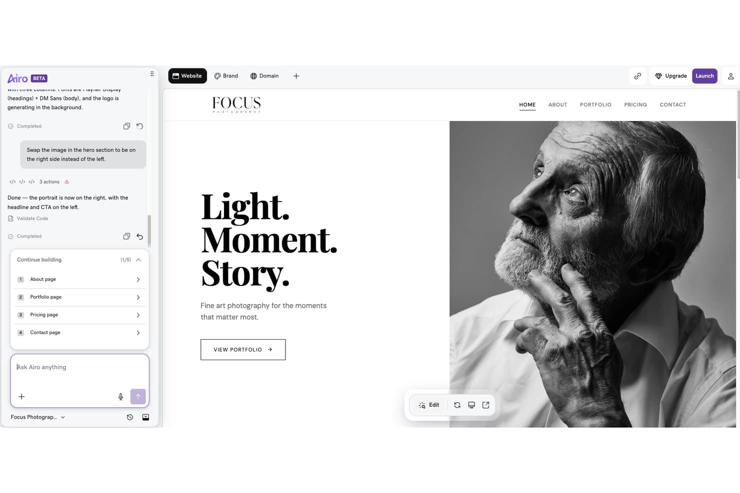 GoDaddy AI website builder showing photography site with chat-based editing and hero image swap.