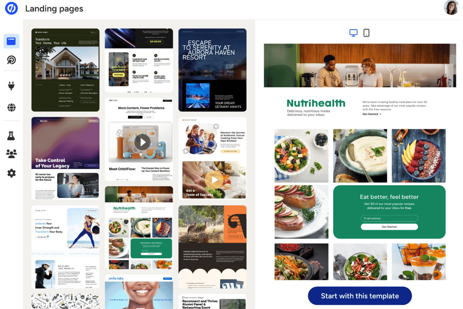 Unbounce-gränssnitt för landningssidor som visar flera mallar och en förhandsgranskning av ett e-postregistreringsformulär för Nutrihealth.