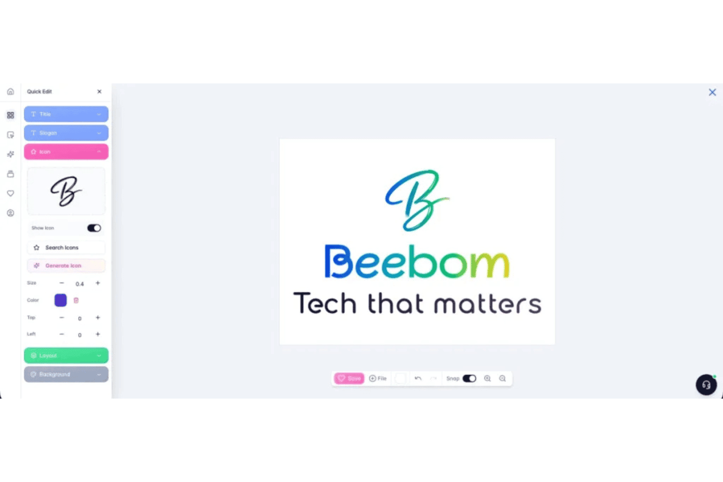 Editor del logo Brandmark che mostra il logo Beebom con il pannello Modifica rapida e le opzioni di personalizzazione.