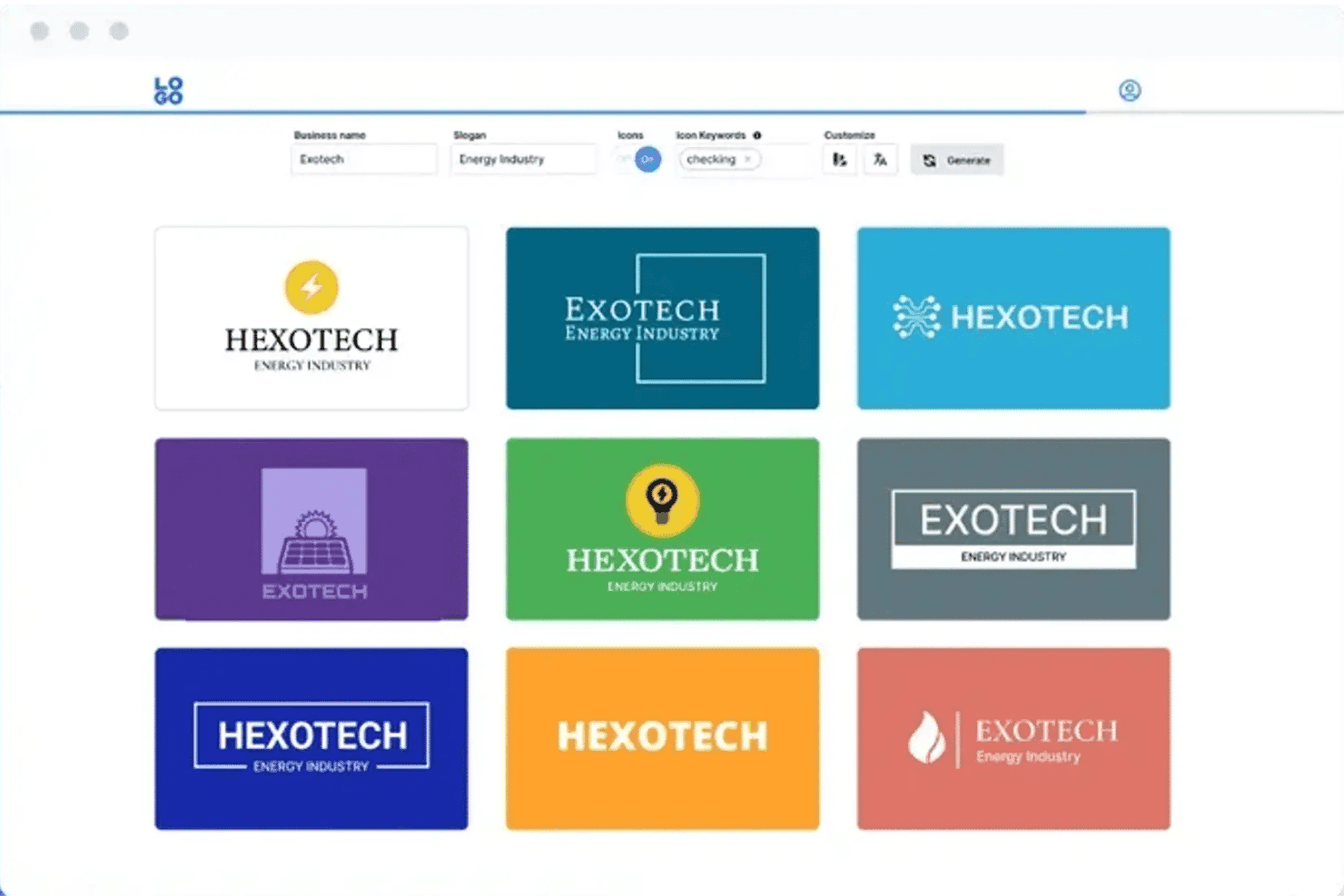 Logo.com-gränssnitt som visar nio genererade logotypdesigner för Exotech Energy Industry i olika färger och stilar.
