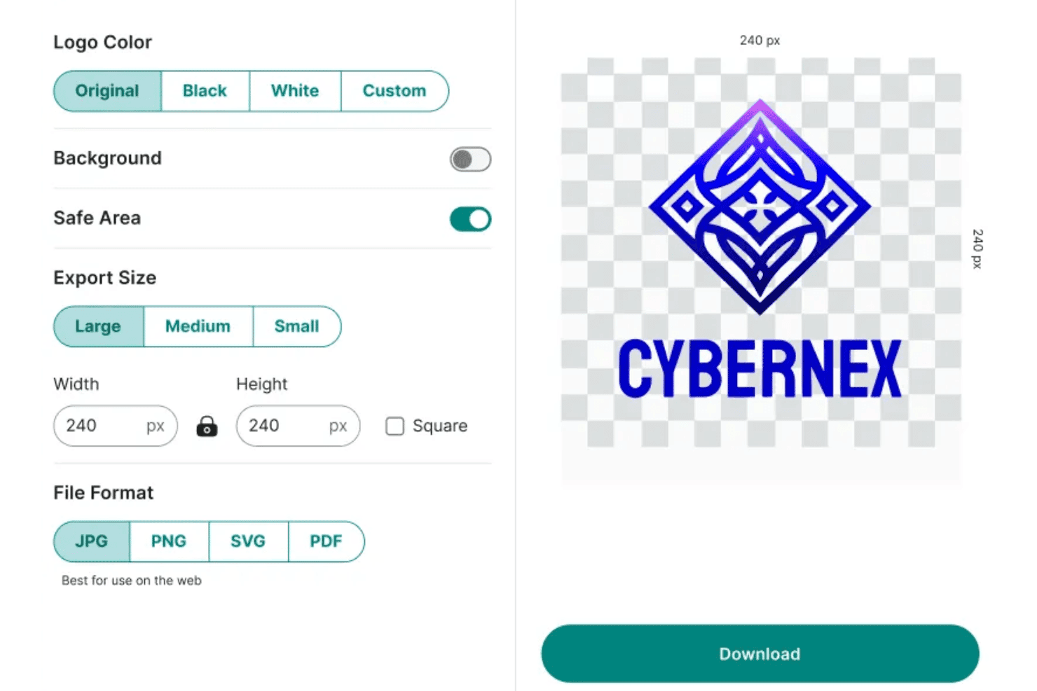 Interfaccia di esportazione del logo di Zoviz che mostra il logo CYBERNEX con il pannello delle impostazioni di download.