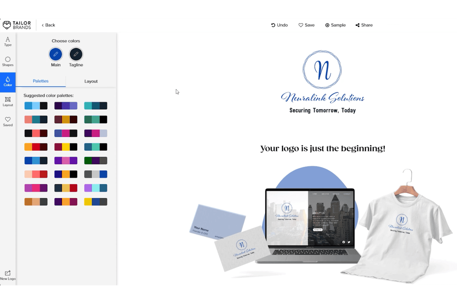 Tailor Brands logotypredigerare som visar färgpalettsalternativ för logotypen för Neuralink Solutions