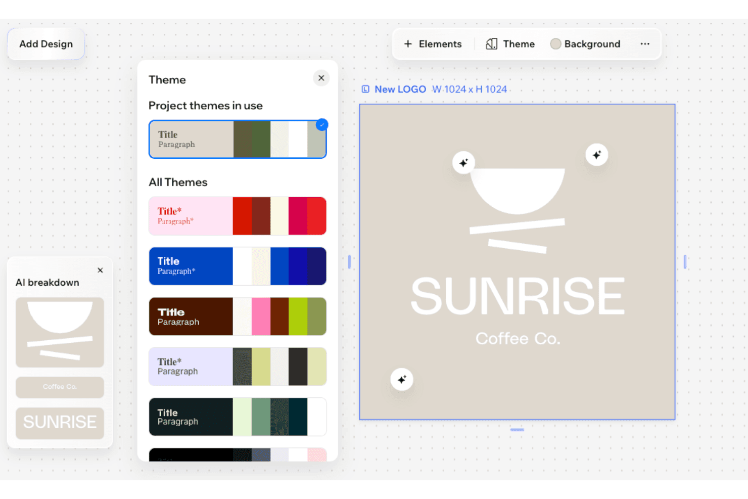 Wix Wixels logotypredigerare visar en temapanel med färgalternativ och en förhandsvisning av logotypen för Sunrise Coffee Co.