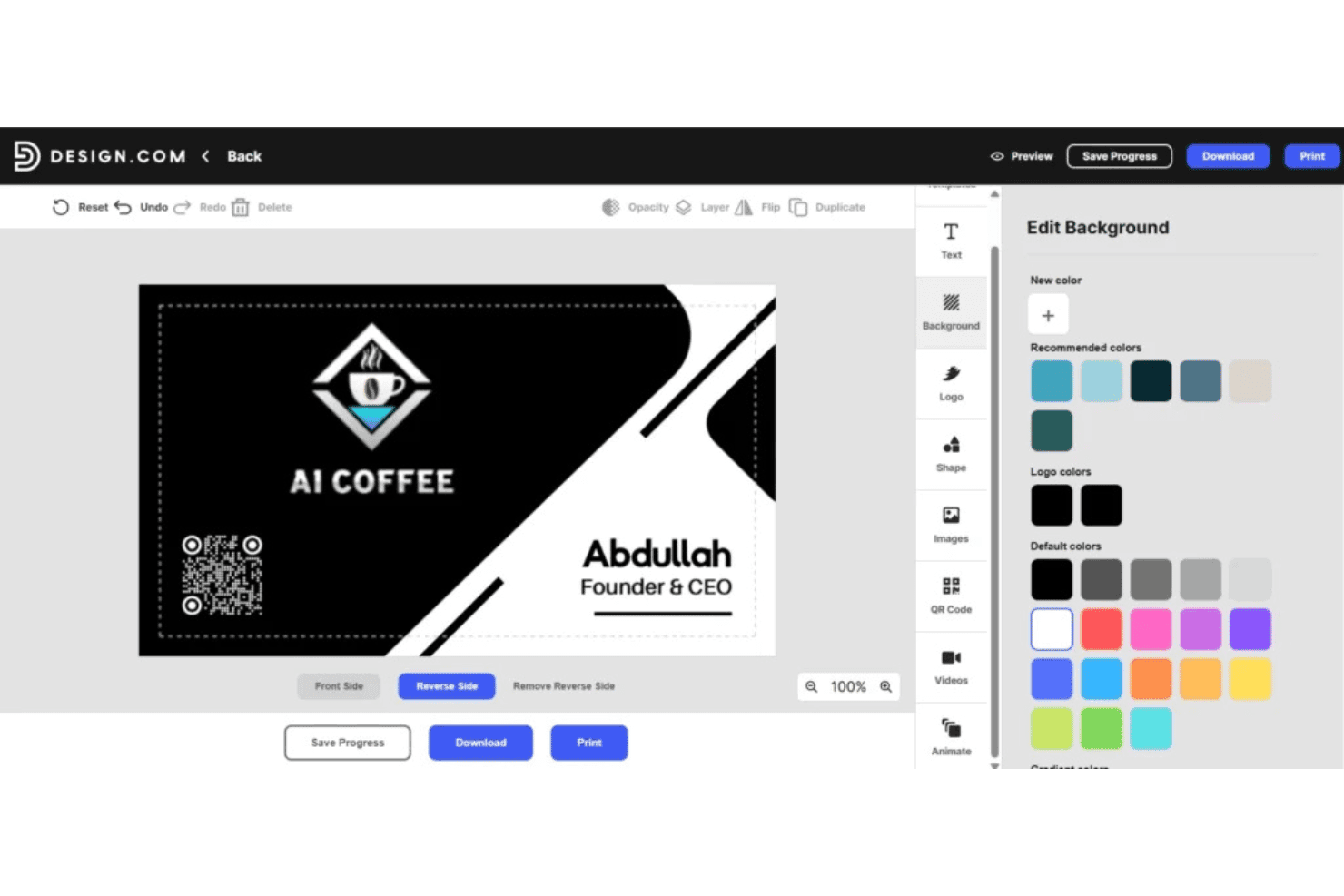 Design.coms visitkortsredigerare visar kortet AI Coffee med färgpanelen öppen.
