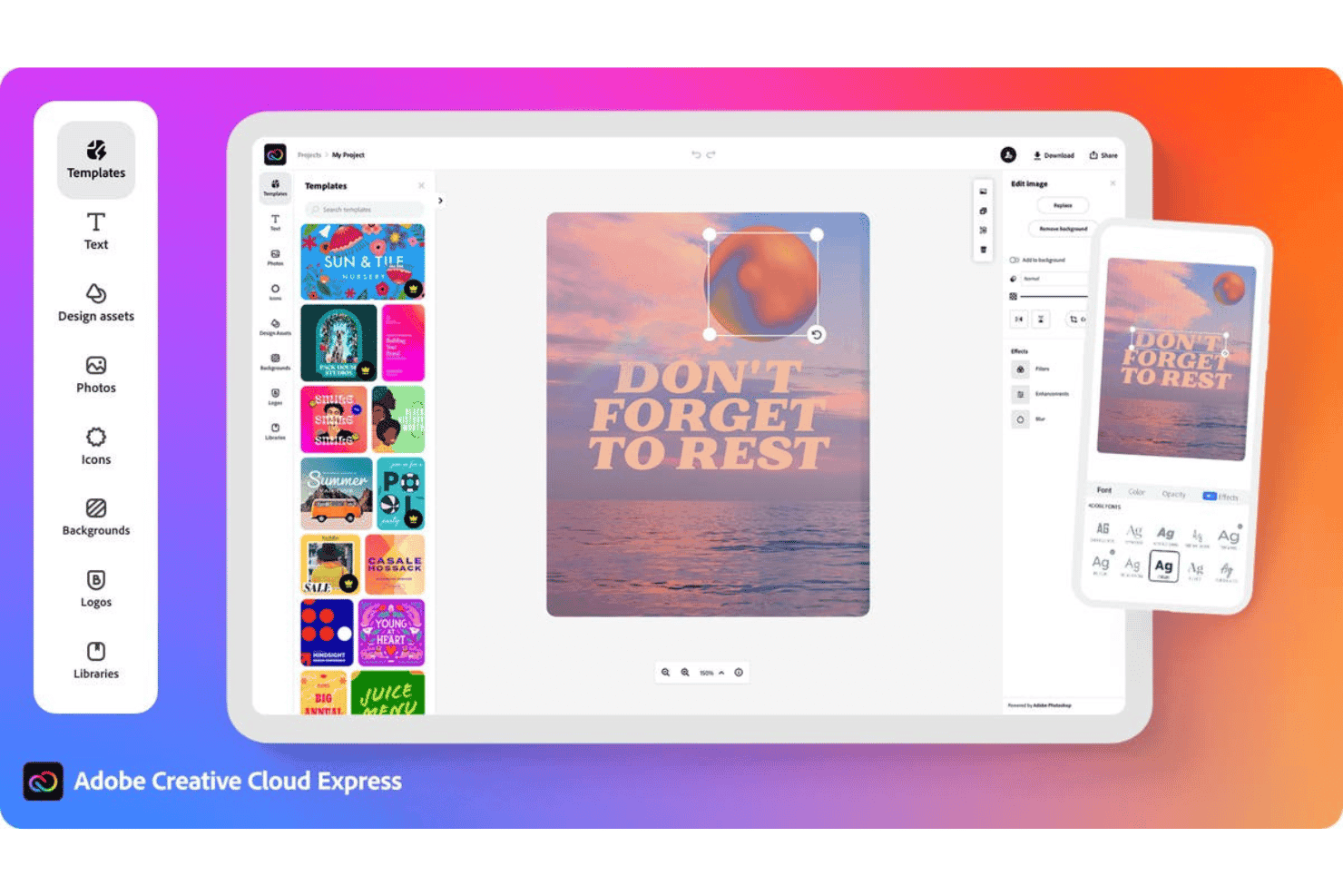 Adobe Creative Cloud Express-gränssnitt som visar mallbiblioteket och designen 'Glöm inte att vila' på surfplatta och mobil.