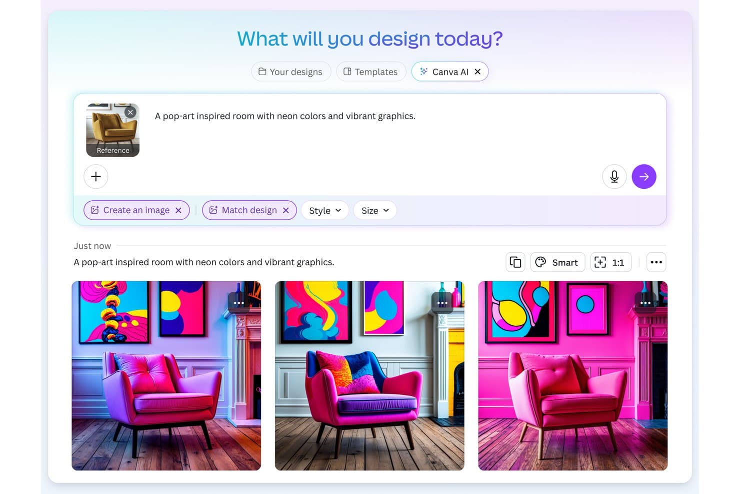 Canva KI-Oberfläche generiert durch eine Texteingabe und ein Referenzbild pop-art-inspirierte Raumdesigns mit Neonfarben.