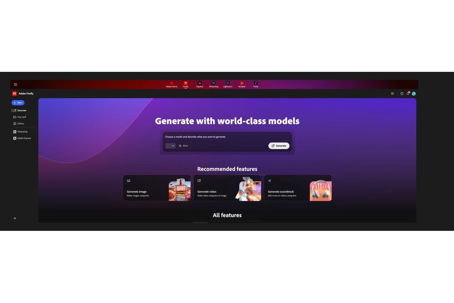 Adobe Firefly-dashboard met een tekstpromptveld en opties om een afbeelding, video en soundtrack te genereren.