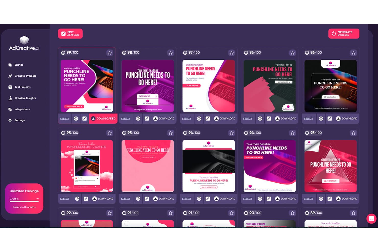 AdCreative.ai Dashboard mit KI-bewerteten Anzeigenvorlagen in Pink- und Lilatönen.
