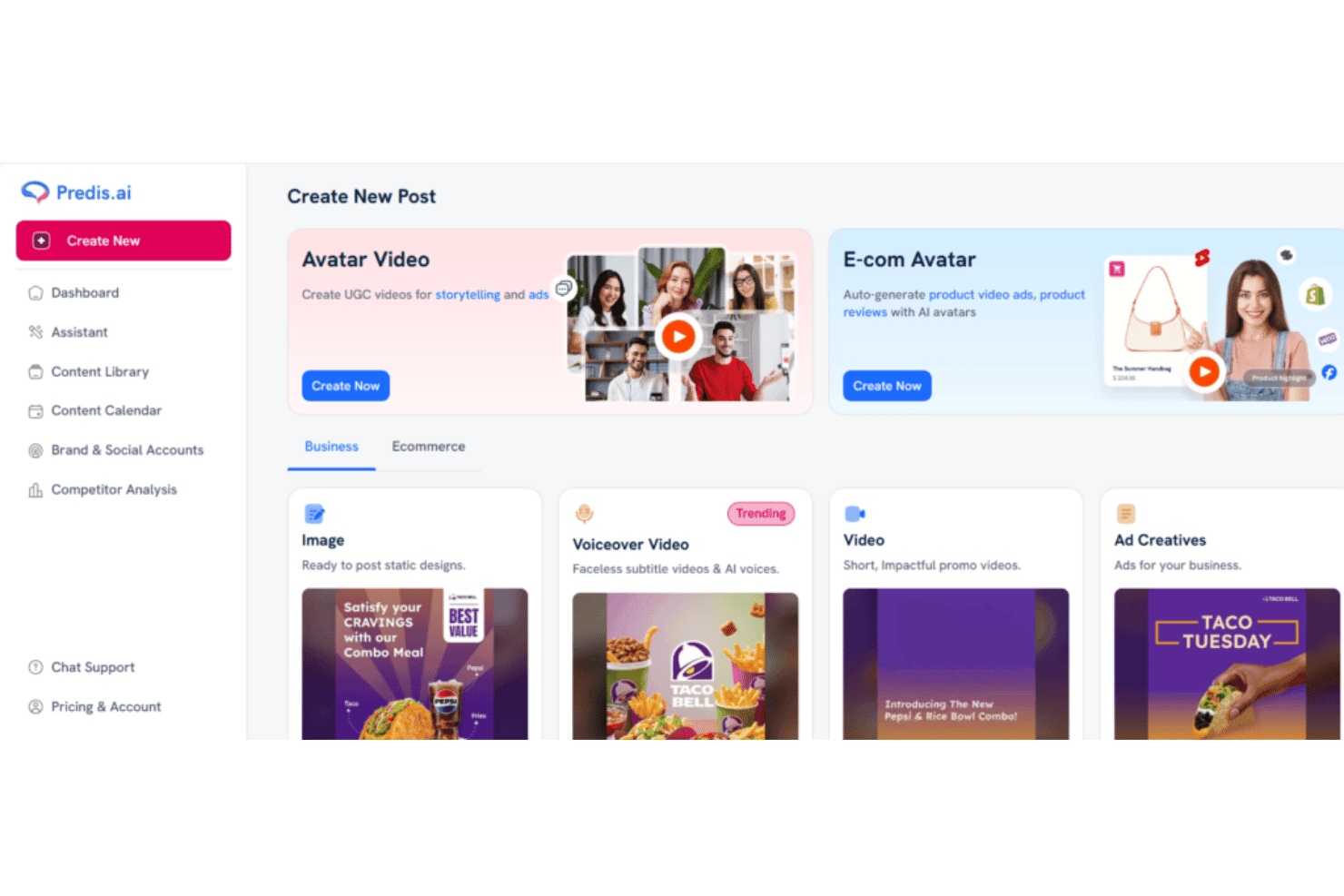 Het Predis.ai-dashboard voor 'Nieuwe post maken' met opties voor het maken van content, waaronder avatarvideo en advertentiecreatives.