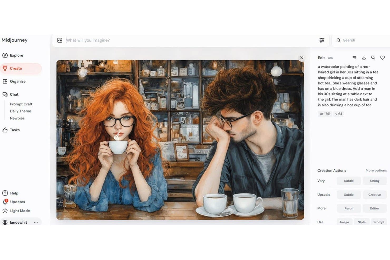 Midjourney-interface met een aquarelschilderij van een roodharige vrouw en een donkerharige man die thee drinken.