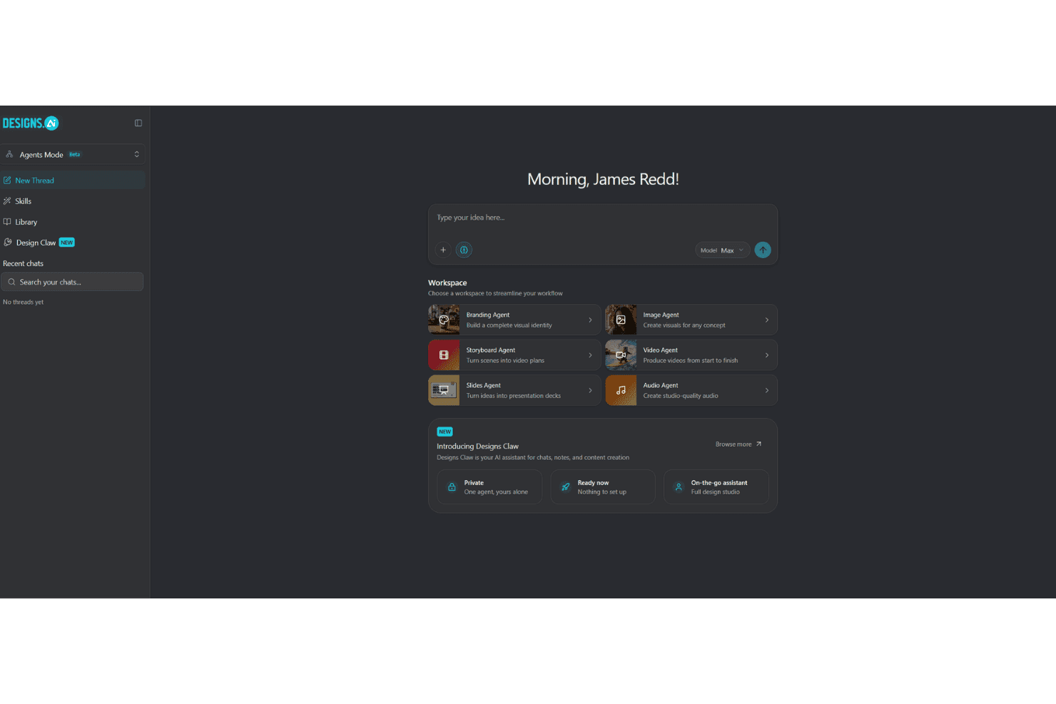 Das Designs.ai Agents Mode Dashboard zeigt sechs KI-Arbeitsbereichsagenten und ein Texteingabefeld.